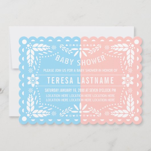 ピンクと青のジェンダーがパペルのピカドの赤ちゃんシャワーを明らかにする 招待状 (正面)