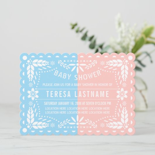 ピンクと青のジェンダーがパペルのピカドの赤ちゃんシャワーを明らかにする 招待状 (スタンド正面)