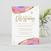 ピンクと青のジオード(十字金ゴールド付)|《キリスト教》洗礼式や命名式 招待状 (スタンド正面)