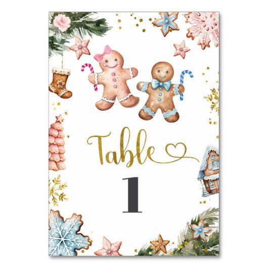 ピンクと青のジンジャーブレッドのクッキー性別が明らかになる テーブルナンバー (正面)