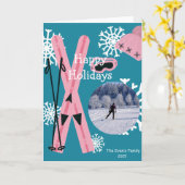 ピンクと青のスキー カード (黄色い花)