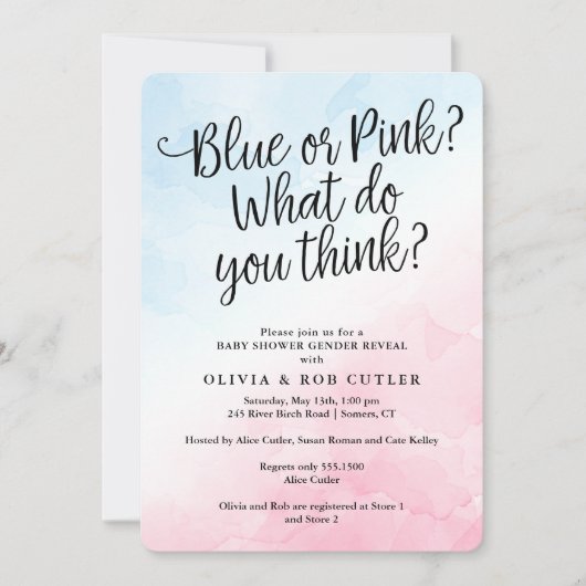 ピンクと青のスクリプト性別が赤ちゃんのシャワーを明らかにする 招待状 (正面)