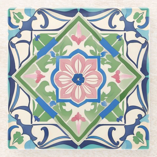 ピンクと青のタイル ガラスコースター (正面)