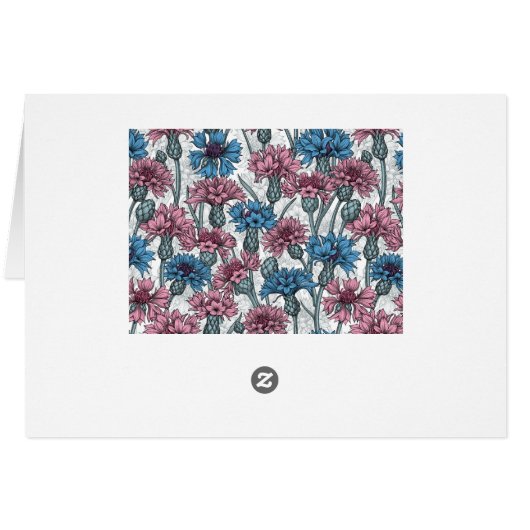 ピンクと青のトウモロコシの花、白の上に野生の花 (裏面横)