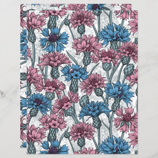 ピンクと青のトウモロコシの花、白の上に野生の花 (正面/裏面)