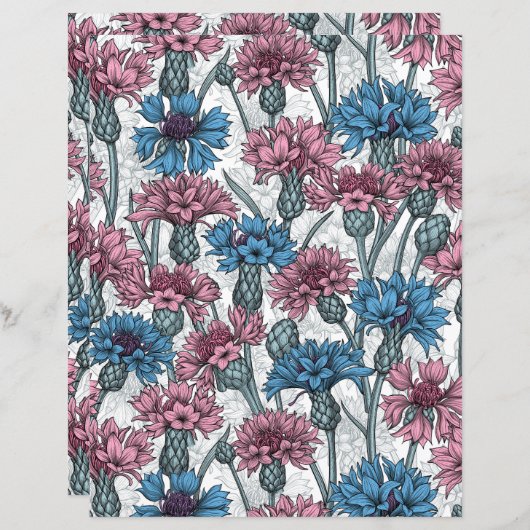 ピンクと青のトウモロコシの花、白の上に野生の花 (正面/裏面)