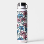 ピンクと青のトウモロコシの花、白の上に野生の花 ウォーターボトル (背面)