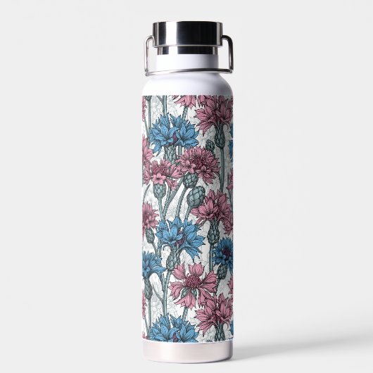 ピンクと青のトウモロコシの花、白の上に野生の花 ウォーターボトル (背面)