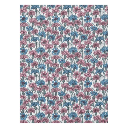 ピンクと青のトウモロコシの花、白の上に野生の花 テーブルクロス (正面)