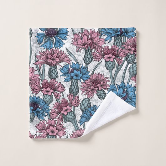 ピンクと青のトウモロコシの花、白の上に野生の花 バスタオルセット (ウォッシュタオル)