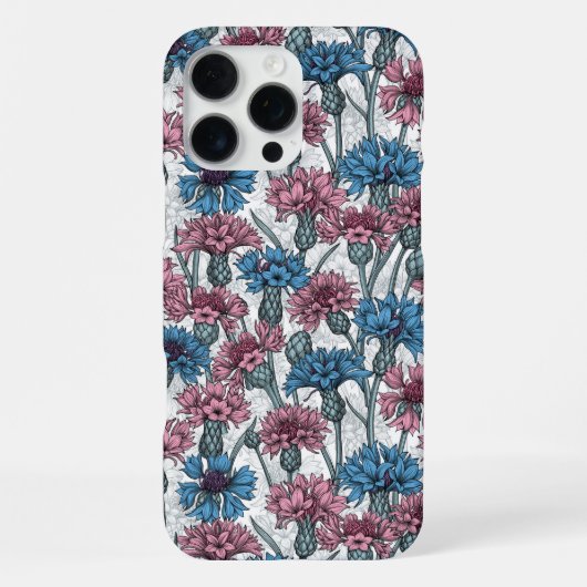 ピンクと青のトウモロコシの花、白の上に野生の花 iPhoneケース (裏面)