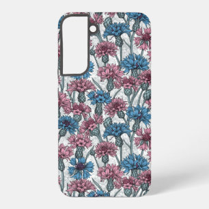 ピンクと青のトウモロコシの花、白の上に野生の花 SAMSUNG GALAXY S22+ケース