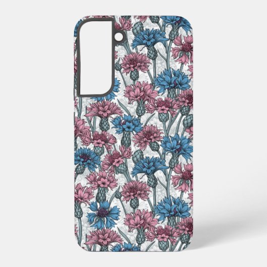 ピンクと青のトウモロコシの花、白の上に野生の花 SAMSUNG GALAXYケース (裏面)