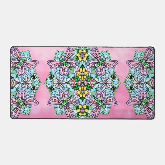 ピンクと青のトンボと花マンダラ デスクマット (正面)