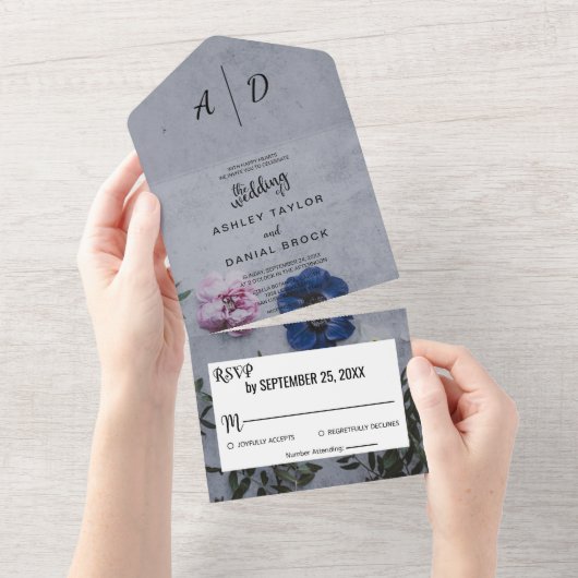 ピンクと青のバラ植物性フローラ結婚のAll I オールインワン招待状 (貼ってはがせる)