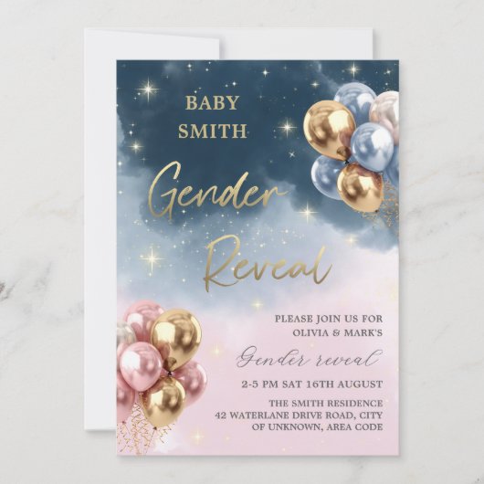 ピンクと青のバルーンベビー性別の表示パーティー 招待状 (正面)