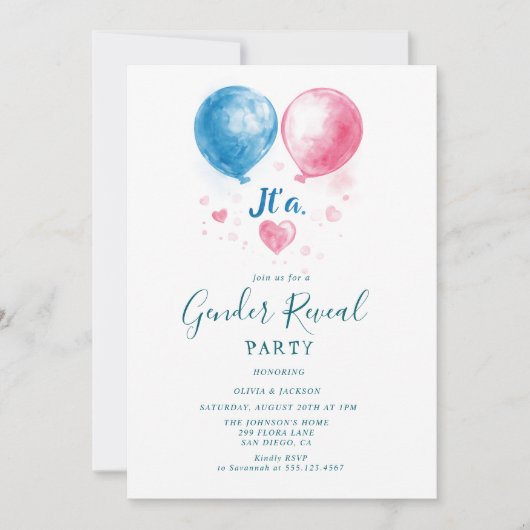 ピンクと青のバルーン性別の表示パーティー 招待状 (正面)