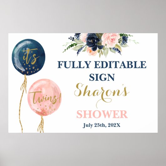 ピンクと青のバルーン赤ちゃんシャワー双子のサイン ポスター (正面)