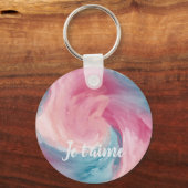 ピンクと青のパインタリーの水色を愛で絞る キーホルダー (正面)