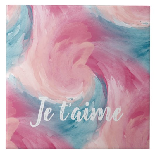 ピンクと青のパインタリーの水色を愛で絞る タイル (正面)