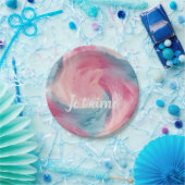 ピンクと青のパインタリーの水色を愛で絞る ペーパープレート (パーティー)