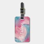 ピンクと青のパインタリーの水色を愛で絞る ラゲッジタグ (正面縦)