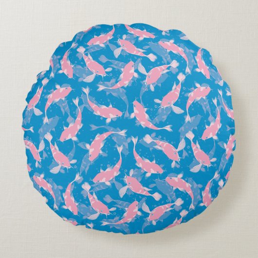 ピンクと青のパターン – コイ魚 ラウンドクッション (正面)