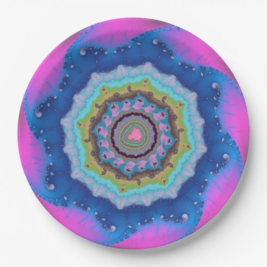 ピンクと青のフラクタル誕生日 ペーパープレート (正面)