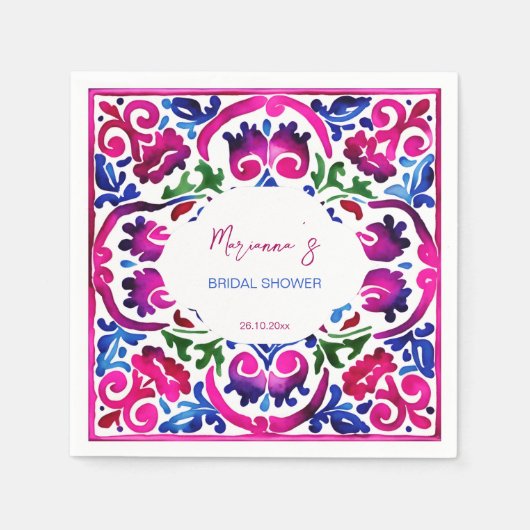 ピンクと青のメキシカンタイル ブライダルシャワーテーブルウェア スタンダードカクテルナプキン (正面)