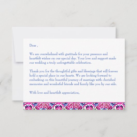 ピンクと青のメキシカン タレヴェラ タイルのウェディング サンクス サンキューカード (裏面)