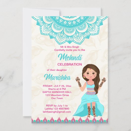 ピンクと青のメルディのマンダラかわいいインディアンの女の子 招待状 (正面)