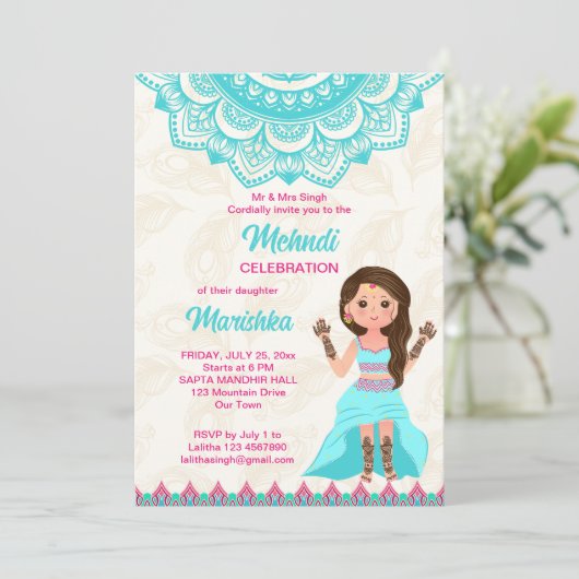 ピンクと青のメルディのマンダラかわいいインディアンの女の子 招待状 (スタンド正面)