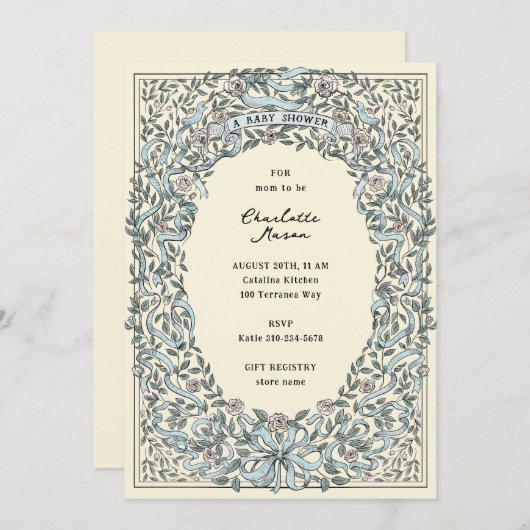 ピンクと青のリボンとバラ赤ちゃんシャワー 招待状 (正面/裏面)