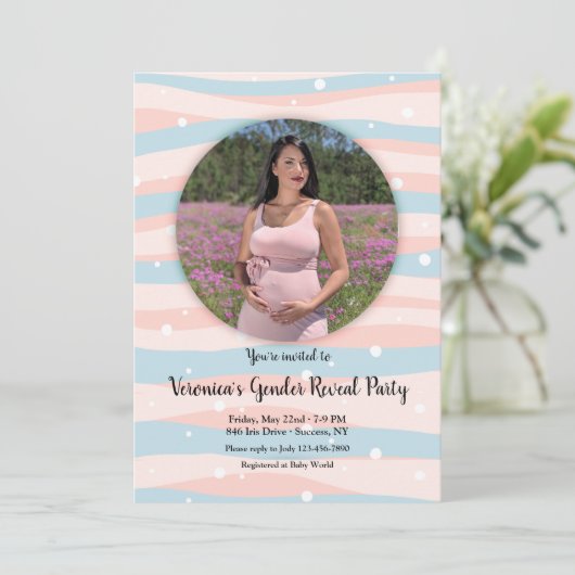ピンクと青の写真の性別を示すパーティー 招待状 (スタンド正面)
