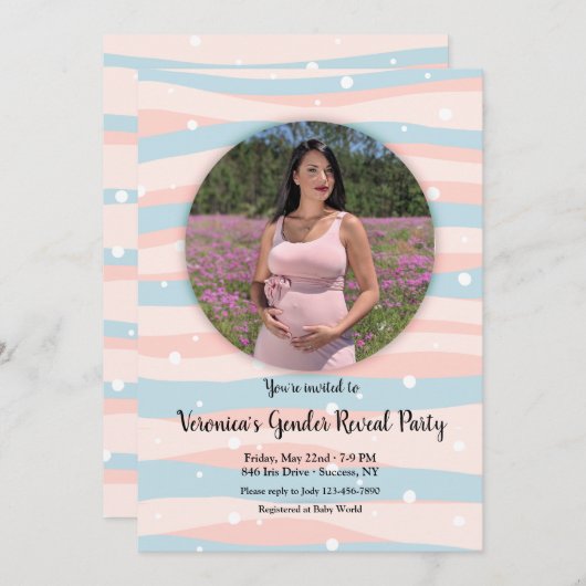 ピンクと青の写真の性別を示すパーティー 招待状 (正面/裏面)