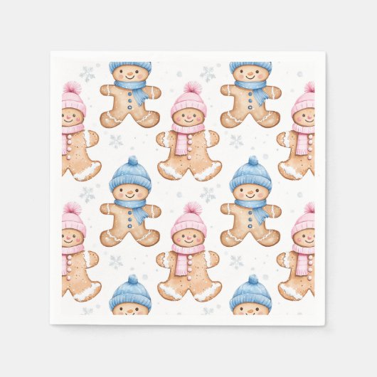 ピンクと青の冬のジンジャーブレッド性別の表示 スタンダードカクテルナプキン (正面)