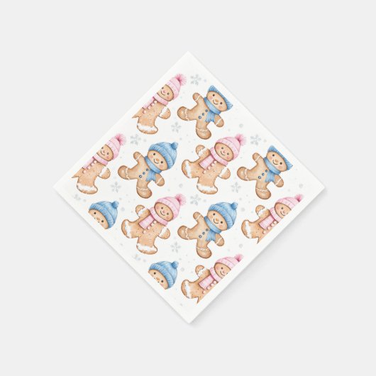 ピンクと青の冬のジンジャーブレッド性別の表示 スタンダードカクテルナプキン (角)