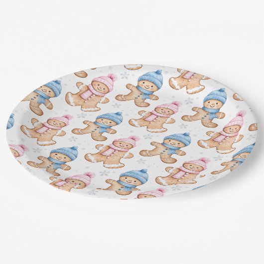 ピンクと青の冬のジンジャーブレッド性別の表示 ペーパープレート (アングル)