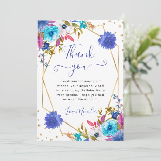 ピンクと青の夏の花フレーム誕生日 サンキューカード (スタンド正面)