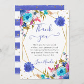 ピンクと青の夏の花フレーム誕生日 サンキューカード (正面/裏面)