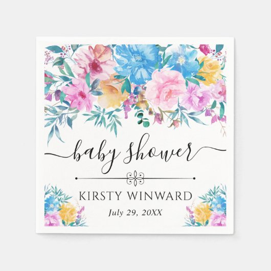 ピンクと青の夏の花ベビーシャワー スタンダードカクテルナプキン (正面)