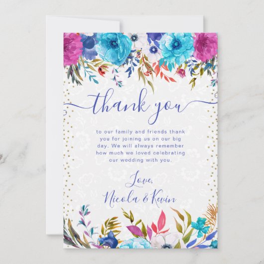 ピンクと青の夏の花結婚の数 サンキューカード (正面)