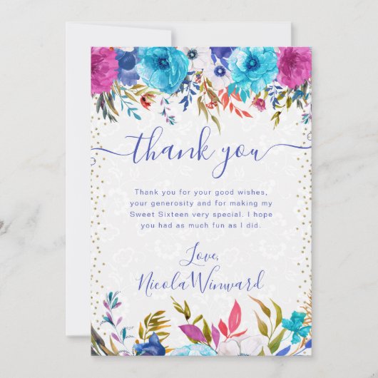 ピンクと青の夏の花Sweet 16 サンキューカード (正面)