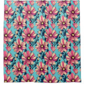 ピンクと青の大きな花のパターン シャワーカーテン (正面)