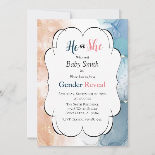 ピンクと青の大理石の水の色の性別の表示 招待状 (正面)
