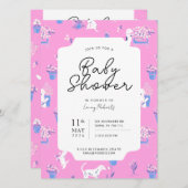 ピンクと青の子犬のフローラ赤ちゃんシャワー 招待状 (正面/裏面)