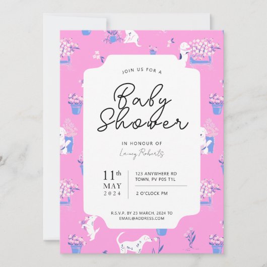 ピンクと青の子犬のフローラ赤ちゃんシャワー 招待状 (正面)