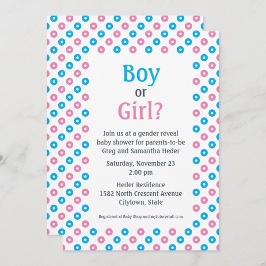 ピンクと青の対角ドット性別がシャワーを明らかにする 招待状 (正面/裏面)