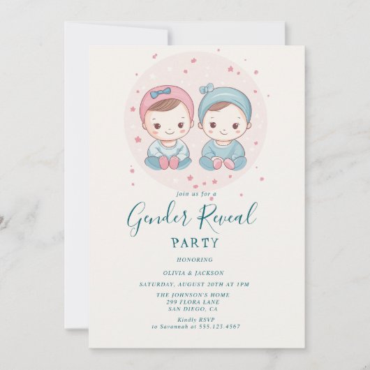 ピンクと青の少年または少女の性別を表示パーティー 招待状 (正面)