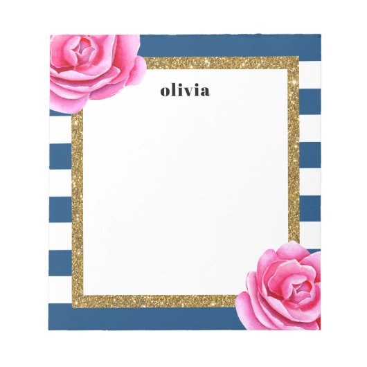 ピンクと青の明るい花パーソナライズされた ノートパッド (正面)